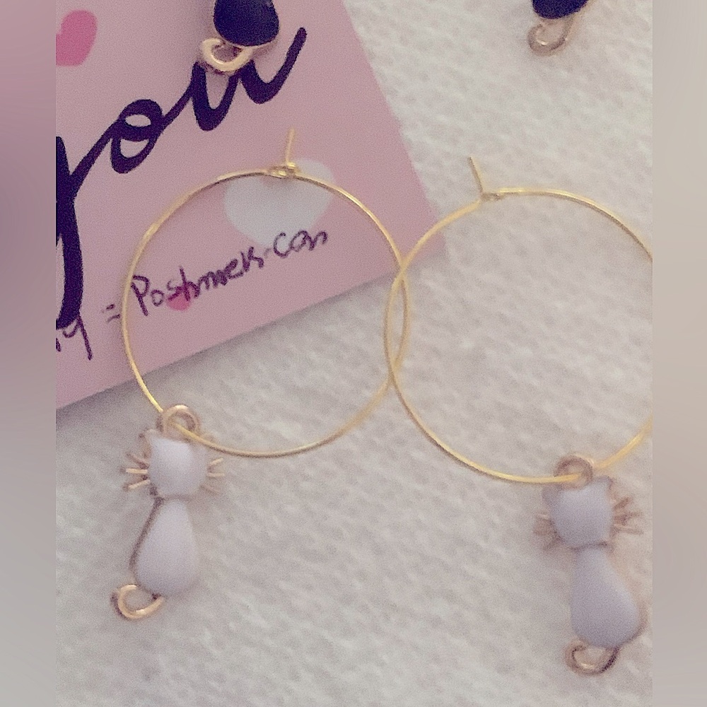 Hand Crafted Gold Hoop Earrings with White Cat Charms NEW